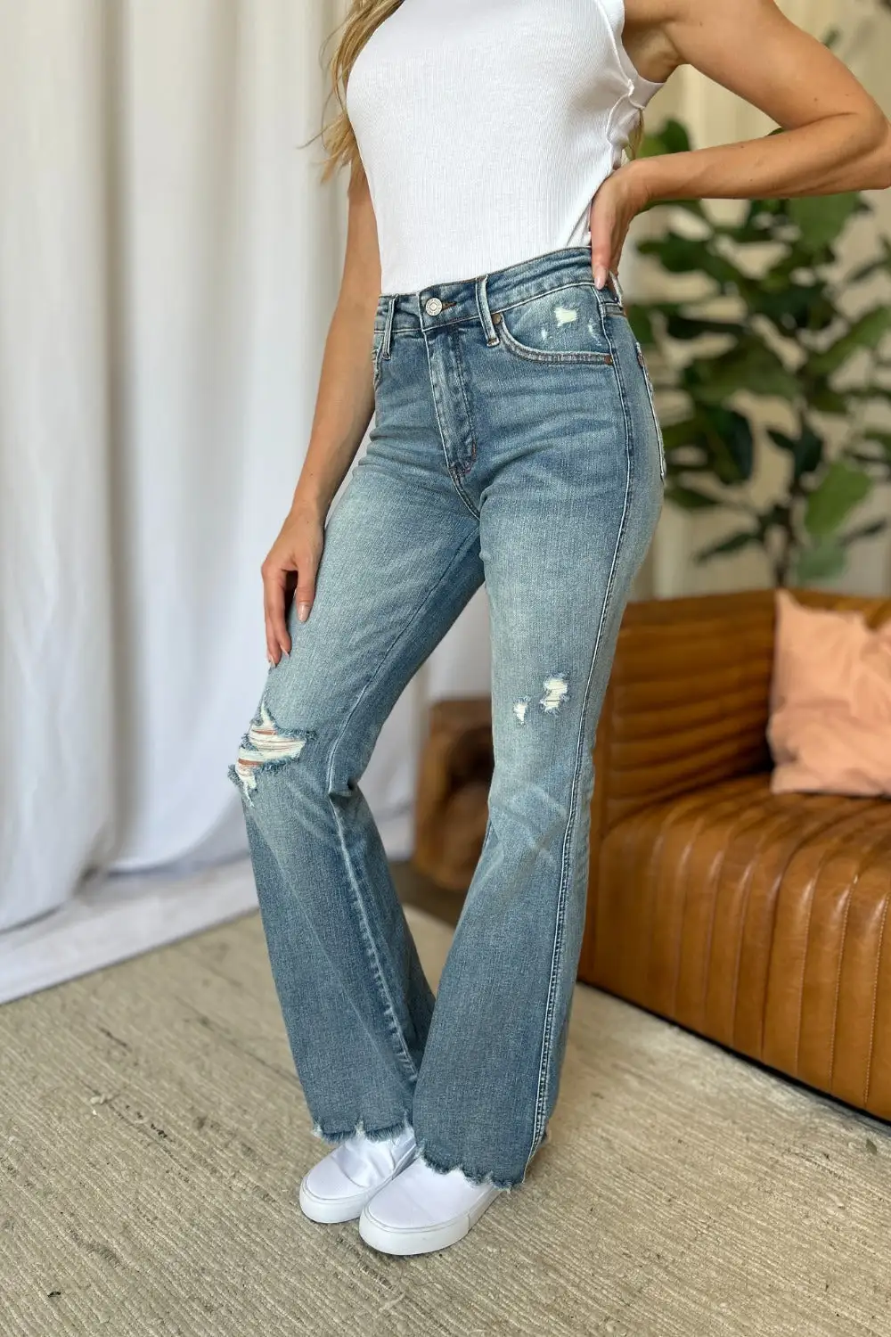 Rise Tummy Control Destroy Flared Denim Jeans