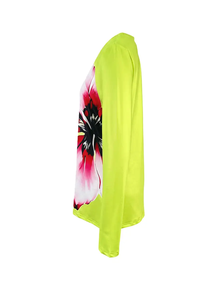 Long Sleeve Contrast Floral Print Panel Detail Round Neck T-Shirt