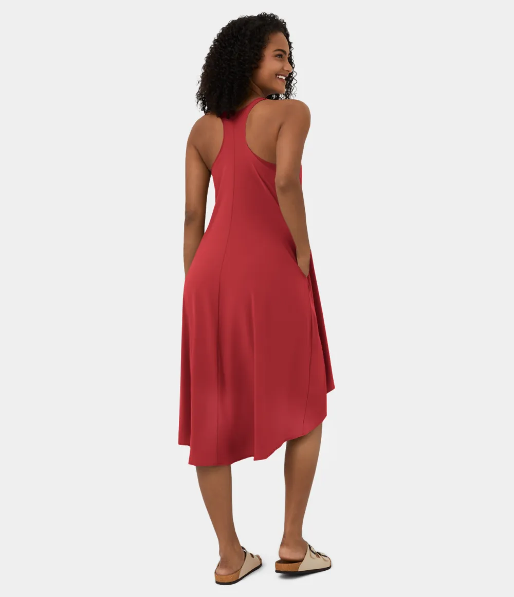 Breezeful Backless Racerback Side Pocket High Low Flowy Midi Quick Dry Casual Dress