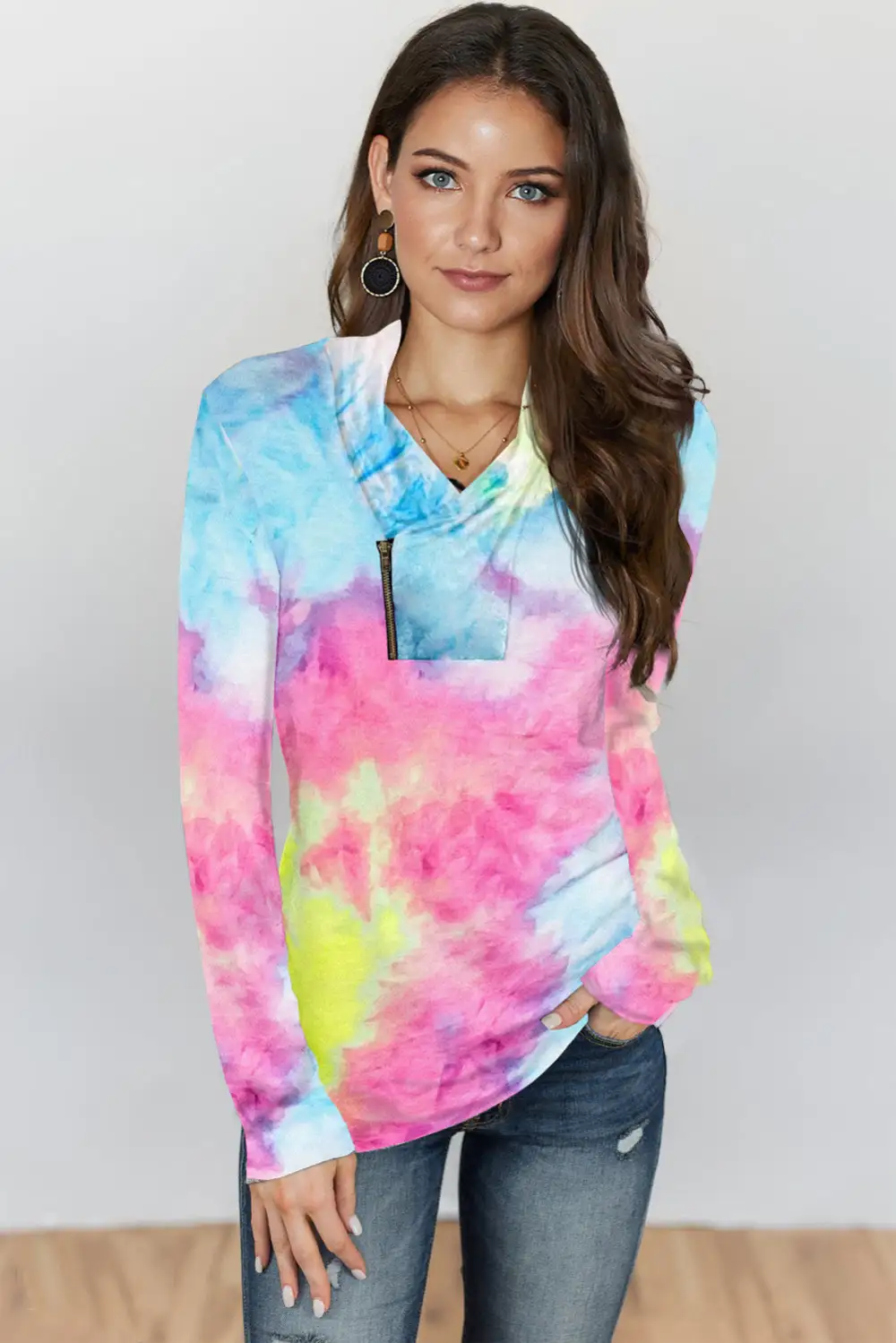 Tie Dye Print Zipper Top