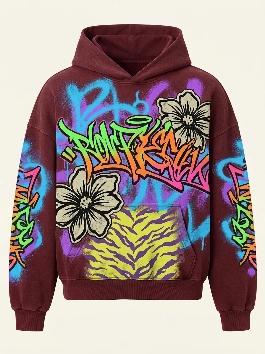 Men's Streetwear Graffiti Floral Tiger Printed Hoodie
