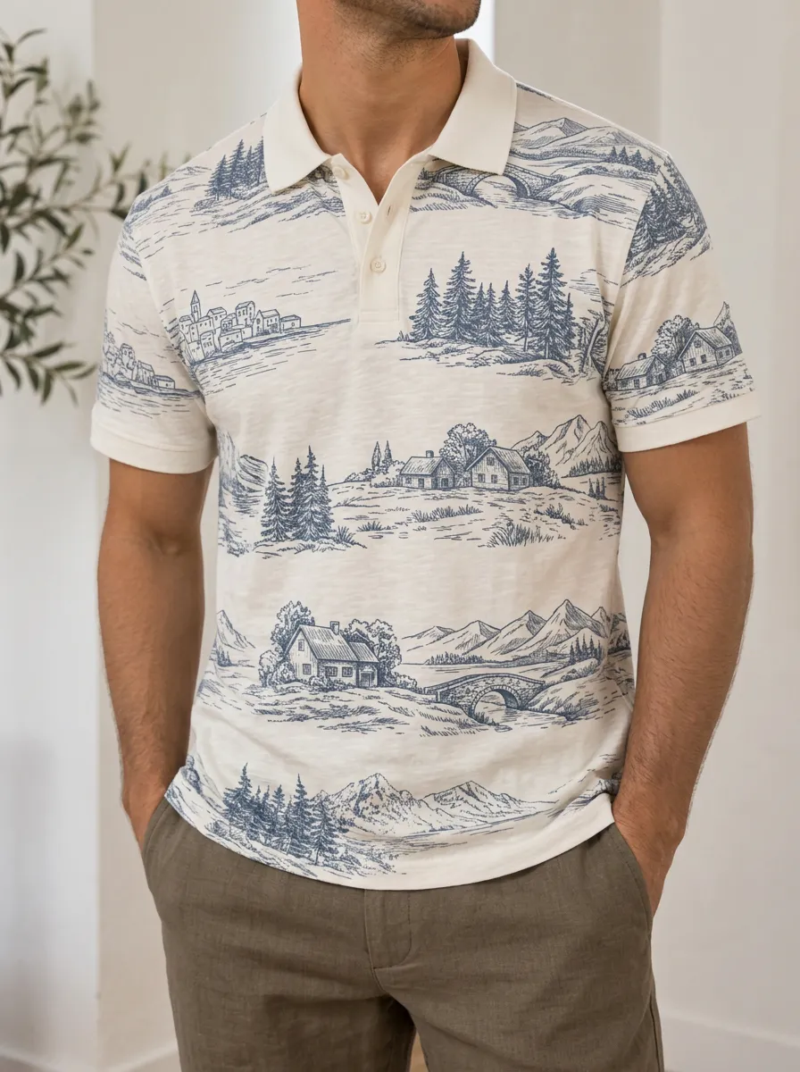 Men's Vintage Landscape Mountain Village Printed Polo Shirt