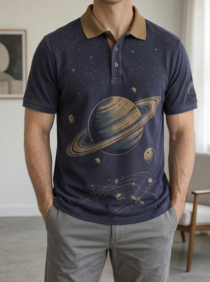 Men's Astronomy Lover Saturn Planet Printed Polo Shirt Weekend Casual Style
