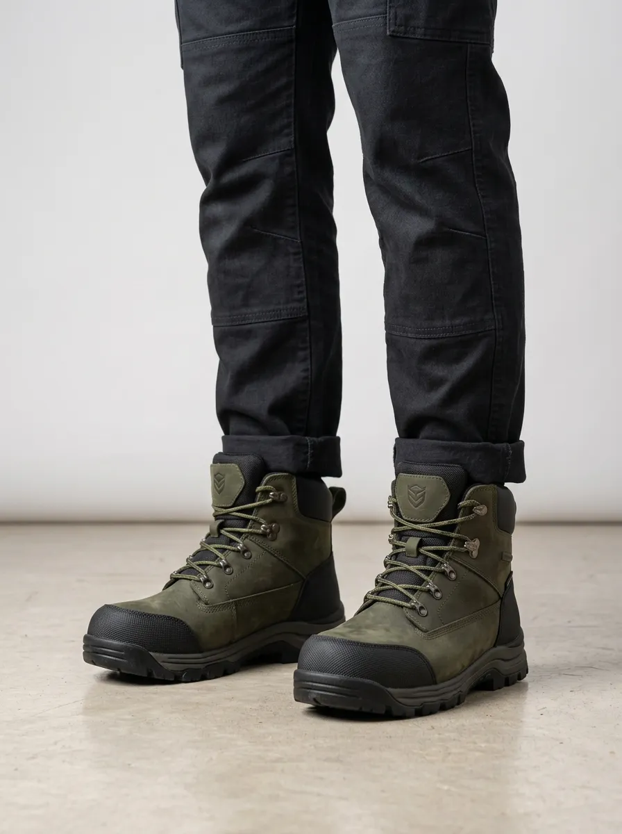 Unisex Olive Green Waterproof Construction Printed Work Boots