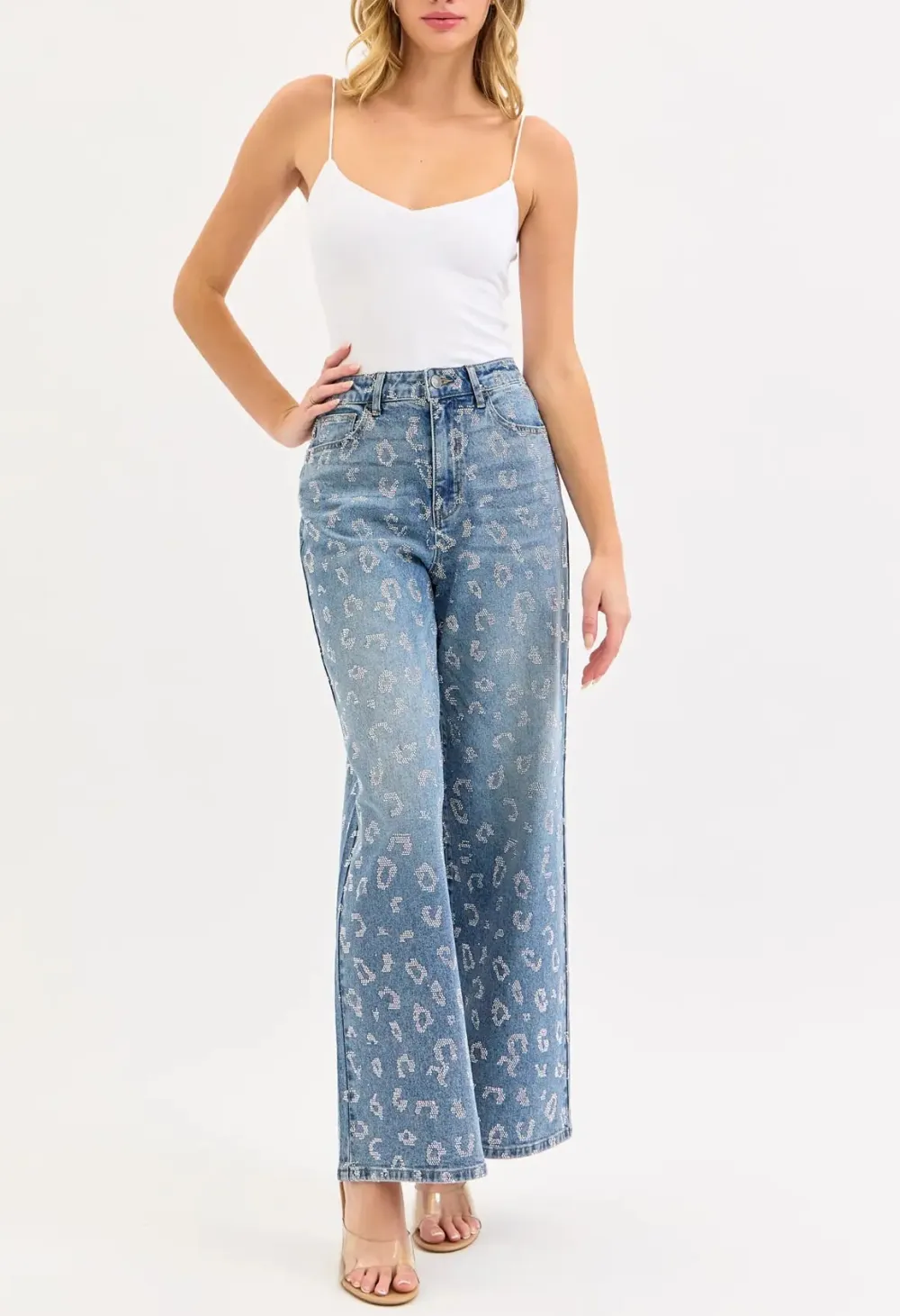 Cheetah Print Embellished Wide Leg Jeans