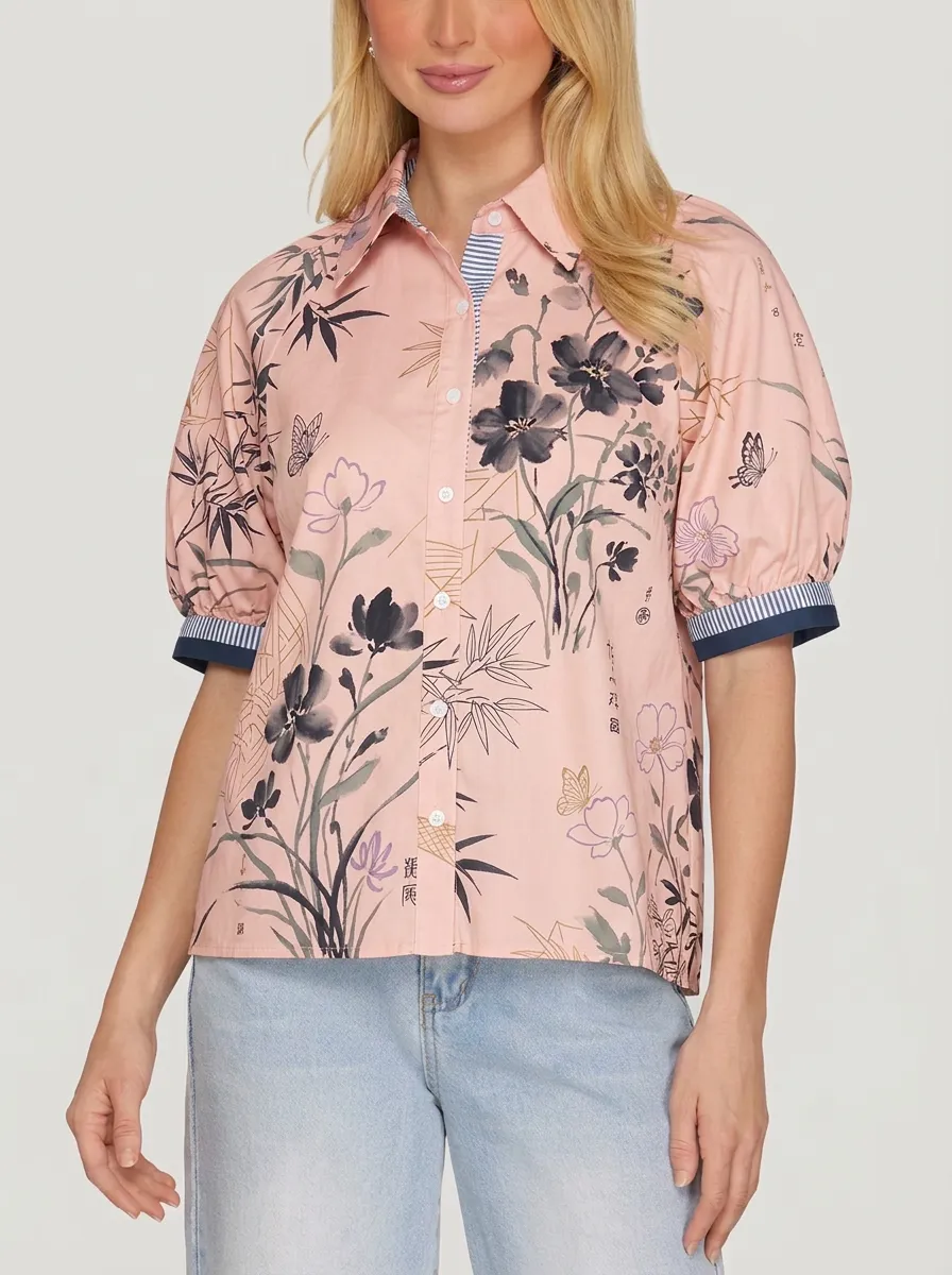 Women's Floral Bamboo Butterfly Ink Wash Printed Blouse