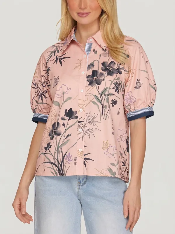 Women's Floral Bamboo Butterfly Ink Wash Printed Blouse