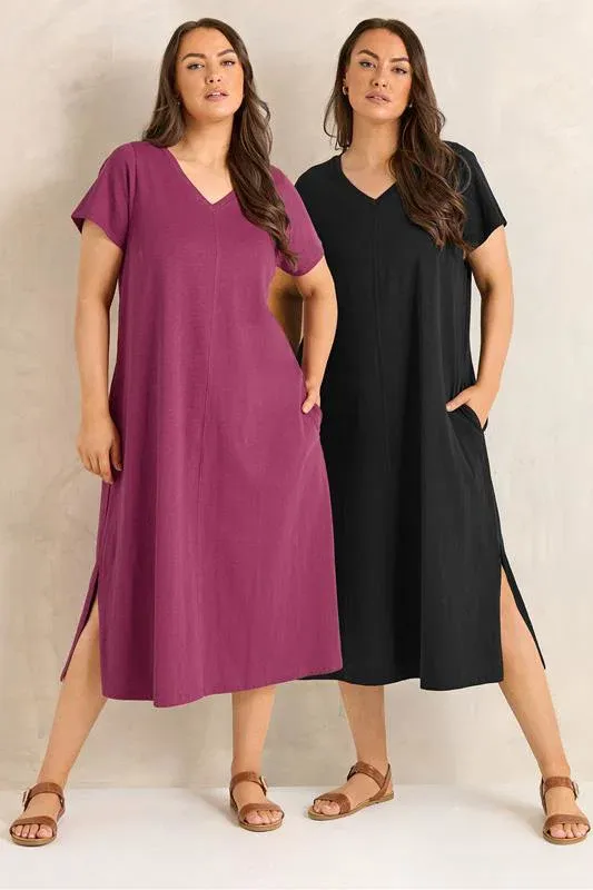 ESSENTIAL Curve 2 Pack Black & Berry Red Cotton Midi Dress