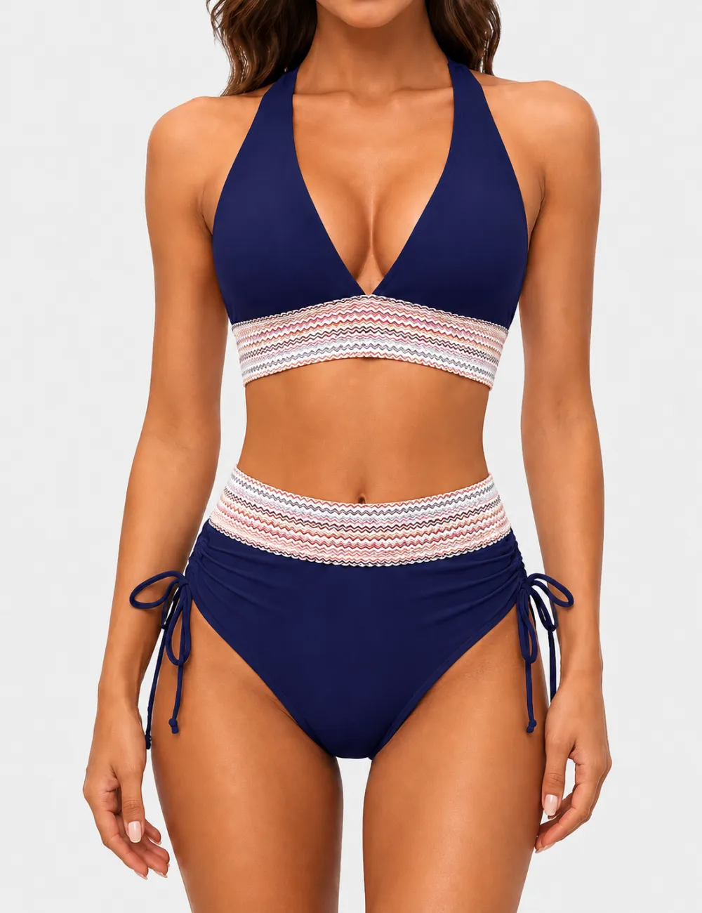 Deep V Neck Colorful Zigzag Smocked Trim Bikini Set