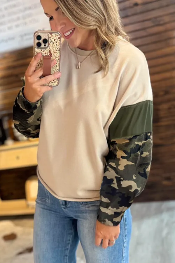 Apricot Camo Print Patchwork Sleeve Shirt