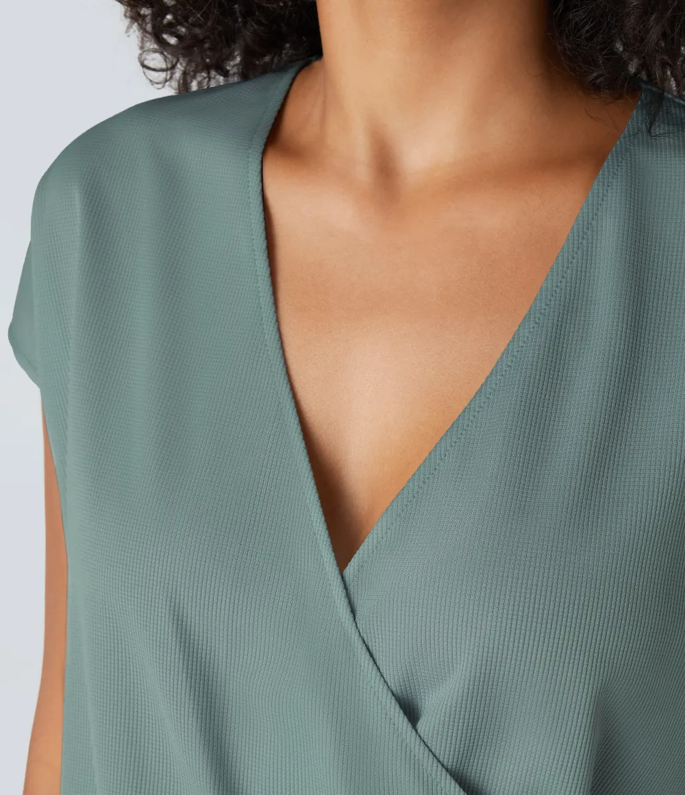 V Neck Short Sleeve Pocket Waffle Casual Romper
