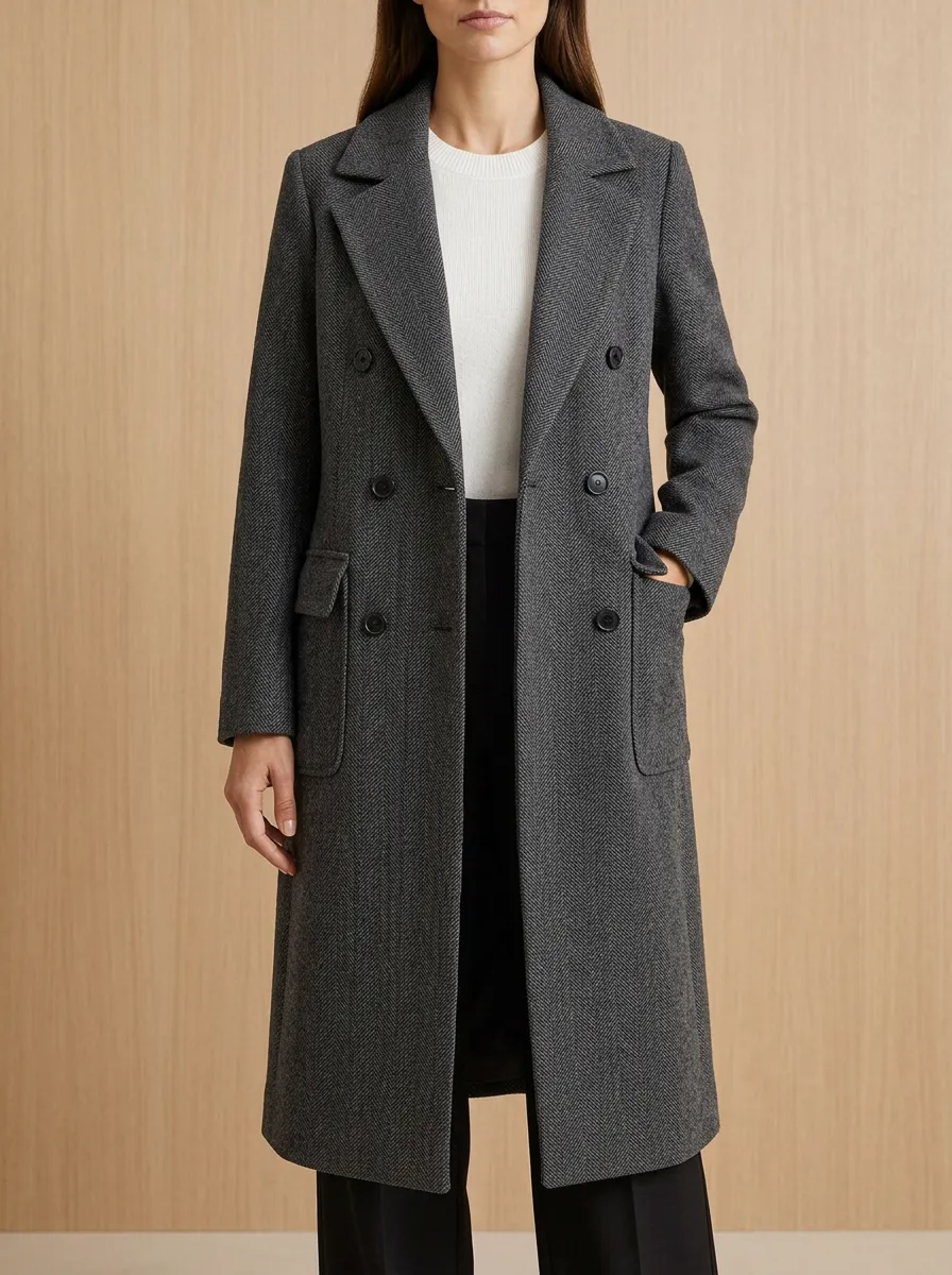 Women's Classic Gray Herringbone Pattern Coat