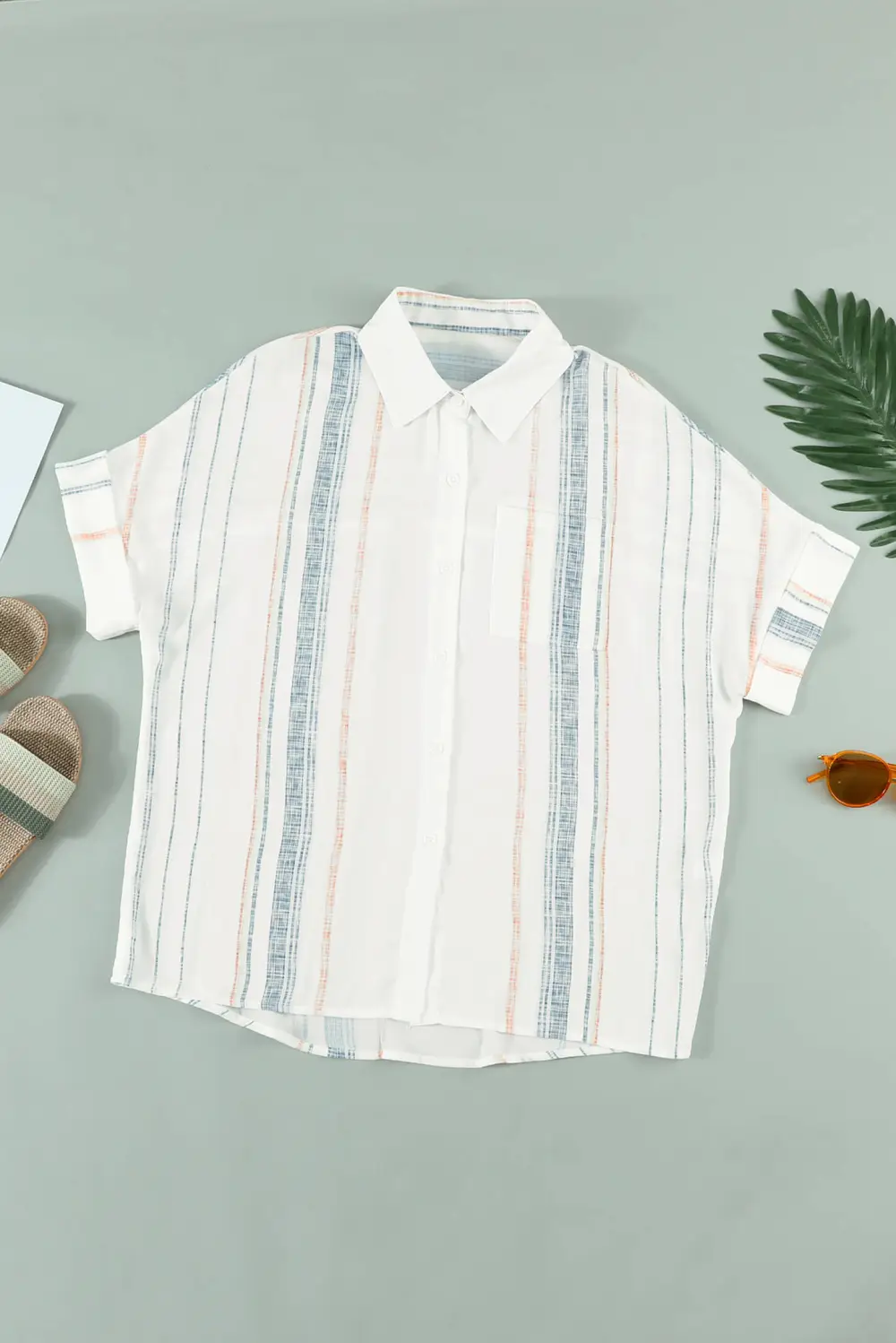 V Neck Stripes Roll Up Shirt