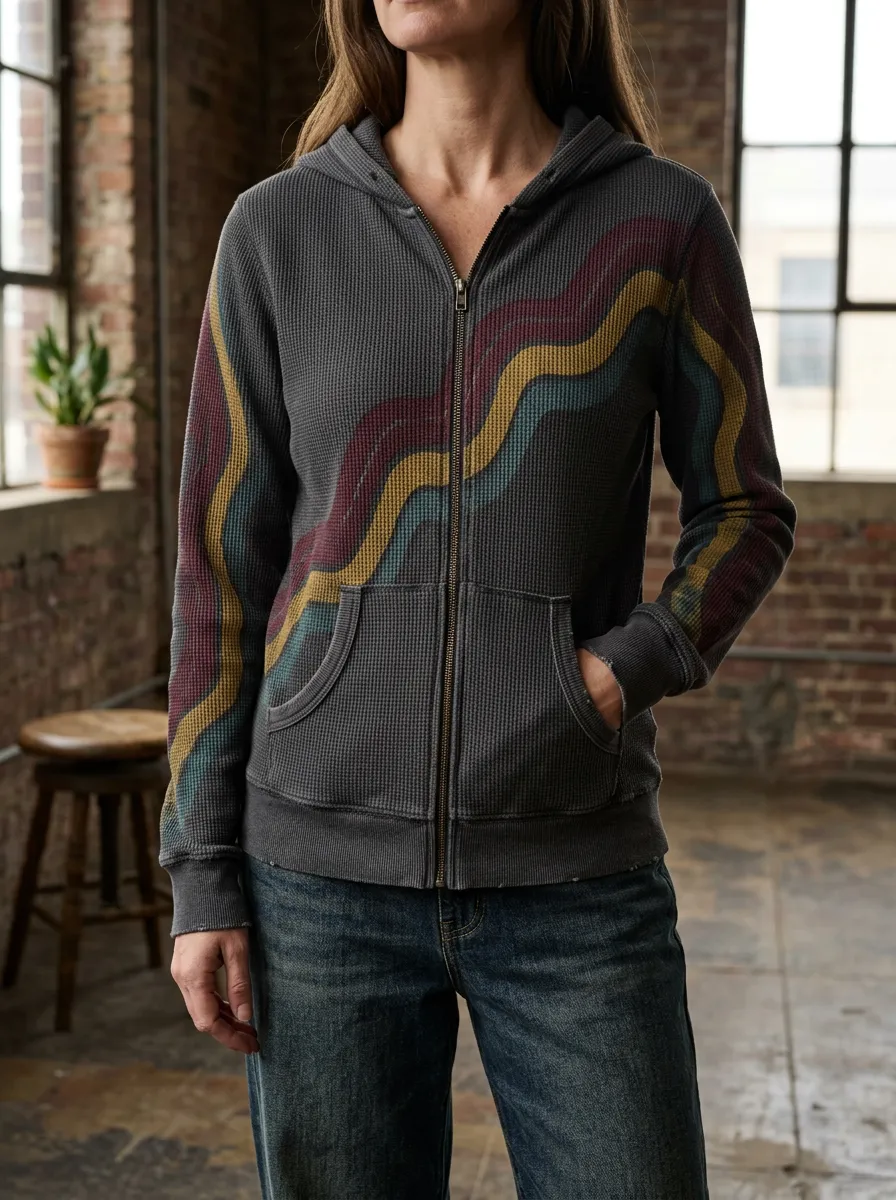 Women's Retro Wavy Stripe Printed Waffle Knit Zip Hoodie