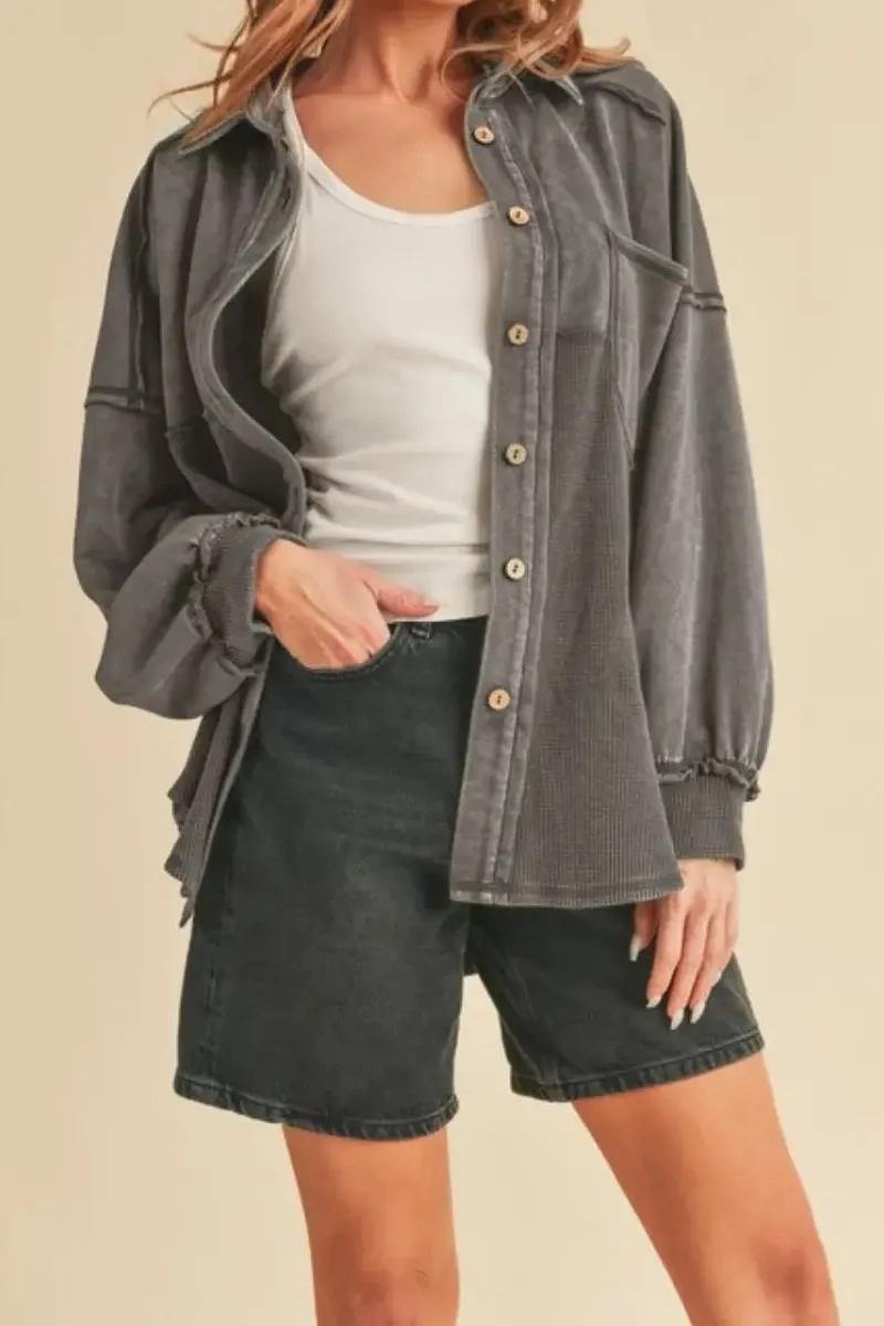 Washed Exposed Seam Button Front Casual Jacket