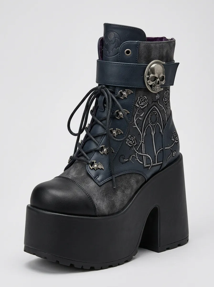Ritual-Inspired Skull Bat Rose Style Women's Gothic Platform Boots