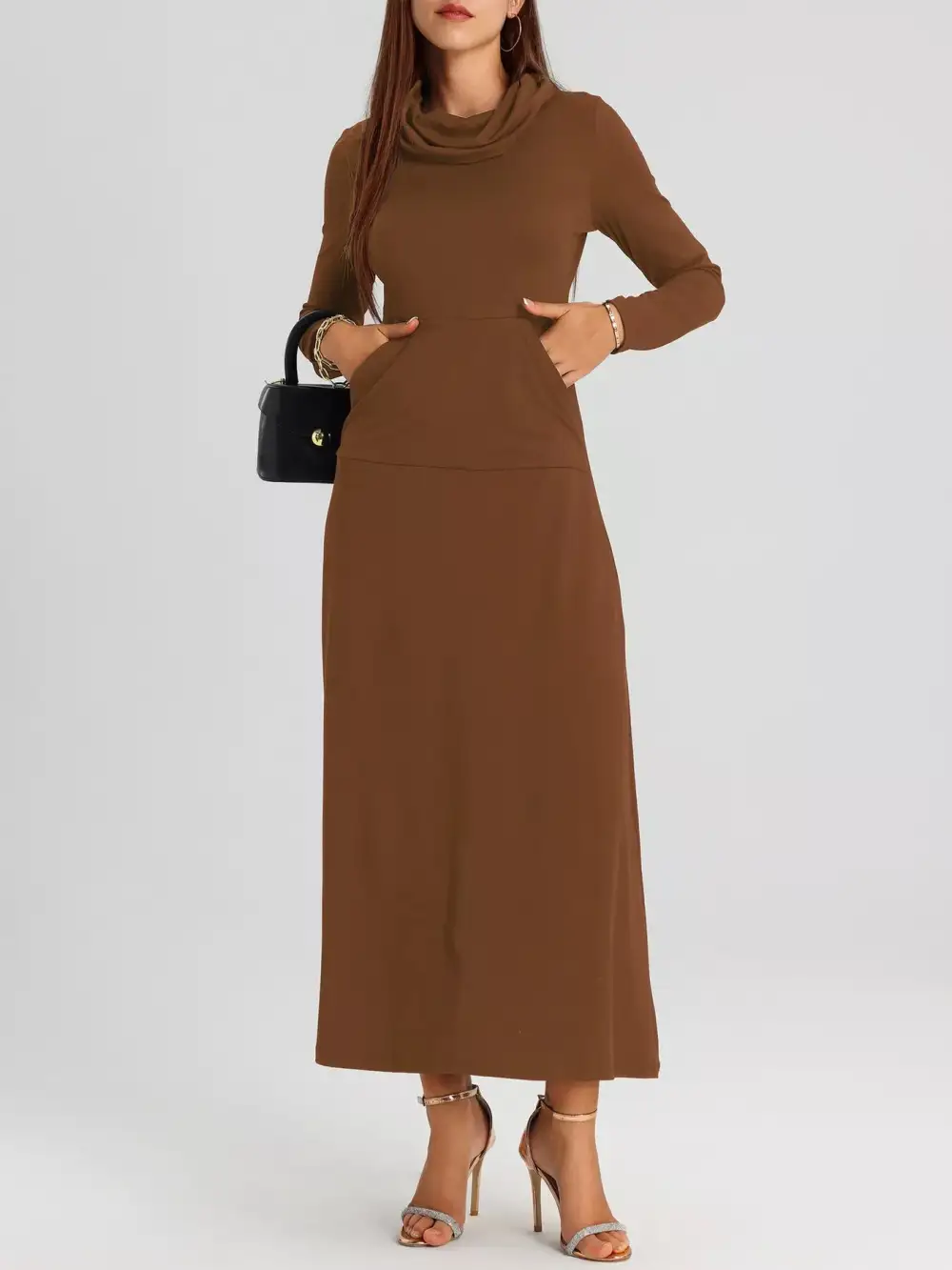 Cowl Neck Long Sleeve Midi Dress