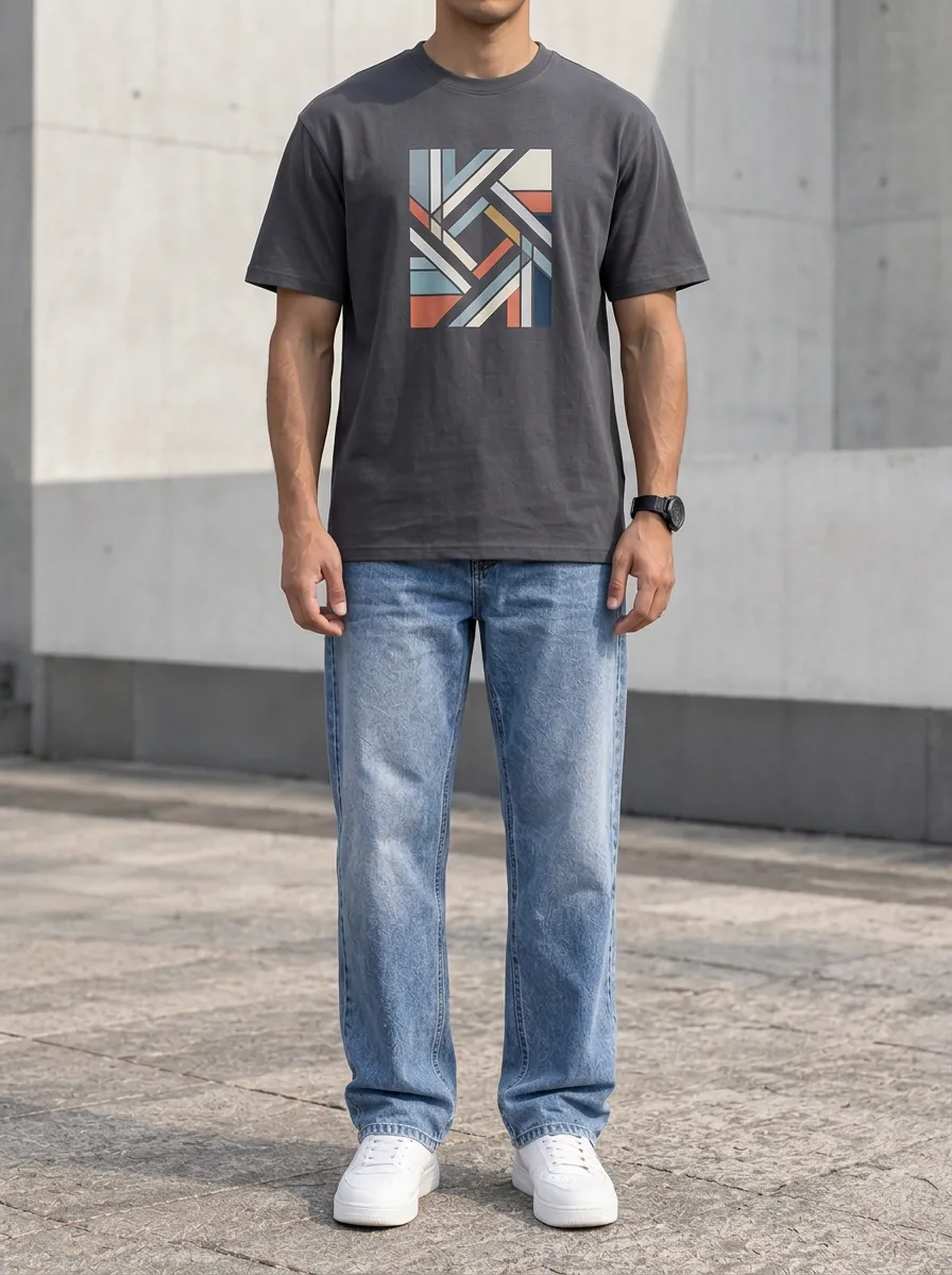 Men's Clean-Lined Geometric Pattern Printed T-Shirt and Denim Jeans Set