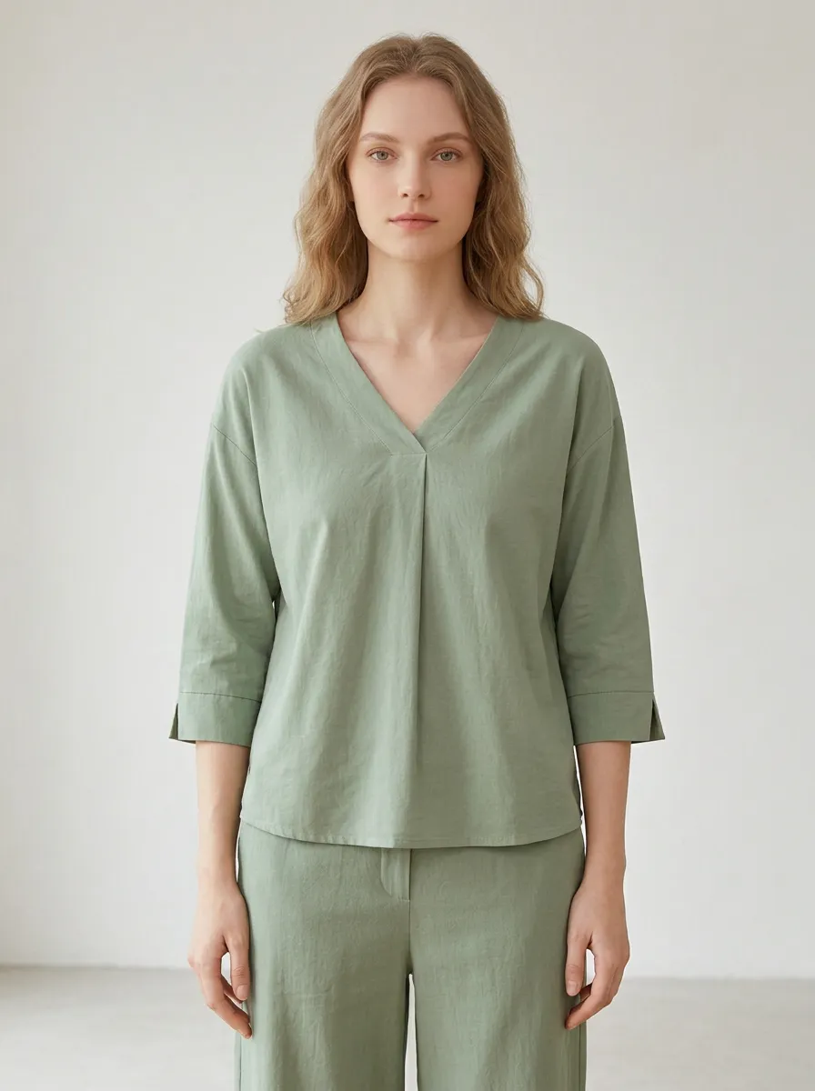 Short-Sleeve Three-Quarter-Sleeve Relaxed Women's V-Neck Casual Lounge Set