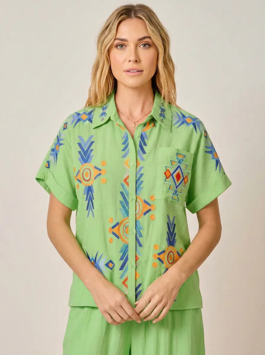 Women's Boho Style Geometric Pattern Embroidered Button-Up Shirt