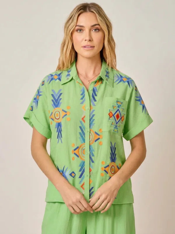Women's Boho Style Geometric Pattern Embroidered Button-Up Shirt