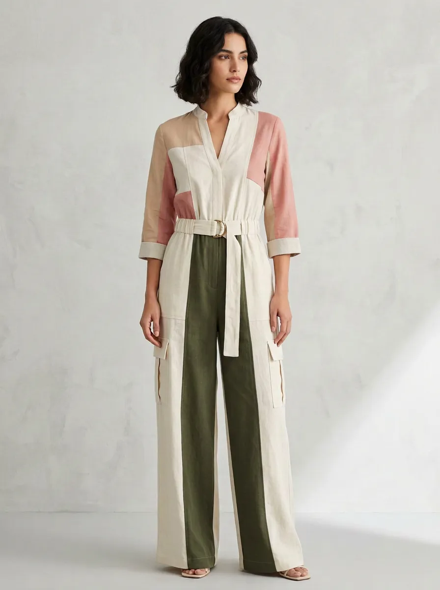 Women's Marin Patchwork Colorblock Belted Cargo Jumpsuit