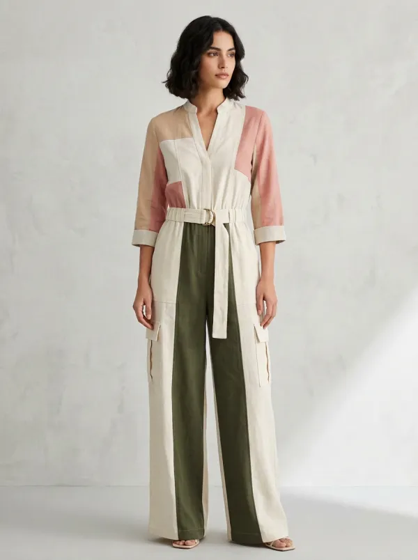 Women's Marin Patchwork Colorblock Belted Cargo Jumpsuit