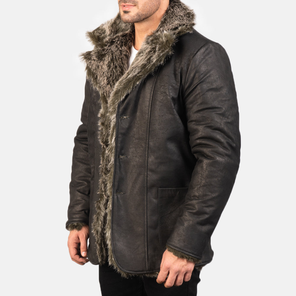 Men's Rugged Leather Fur Trim Coat