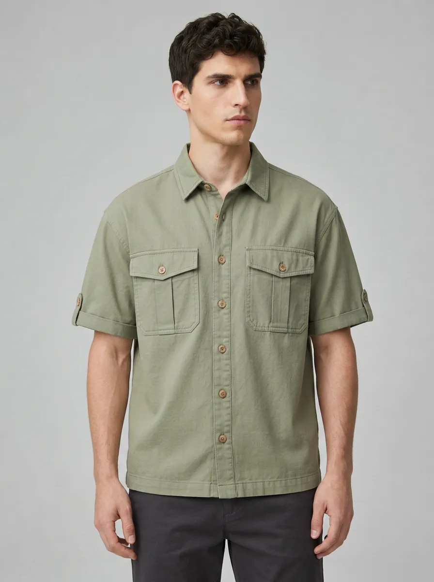 Men's Olive Utility Short-Sleeve Button-Down Shirt - Design A