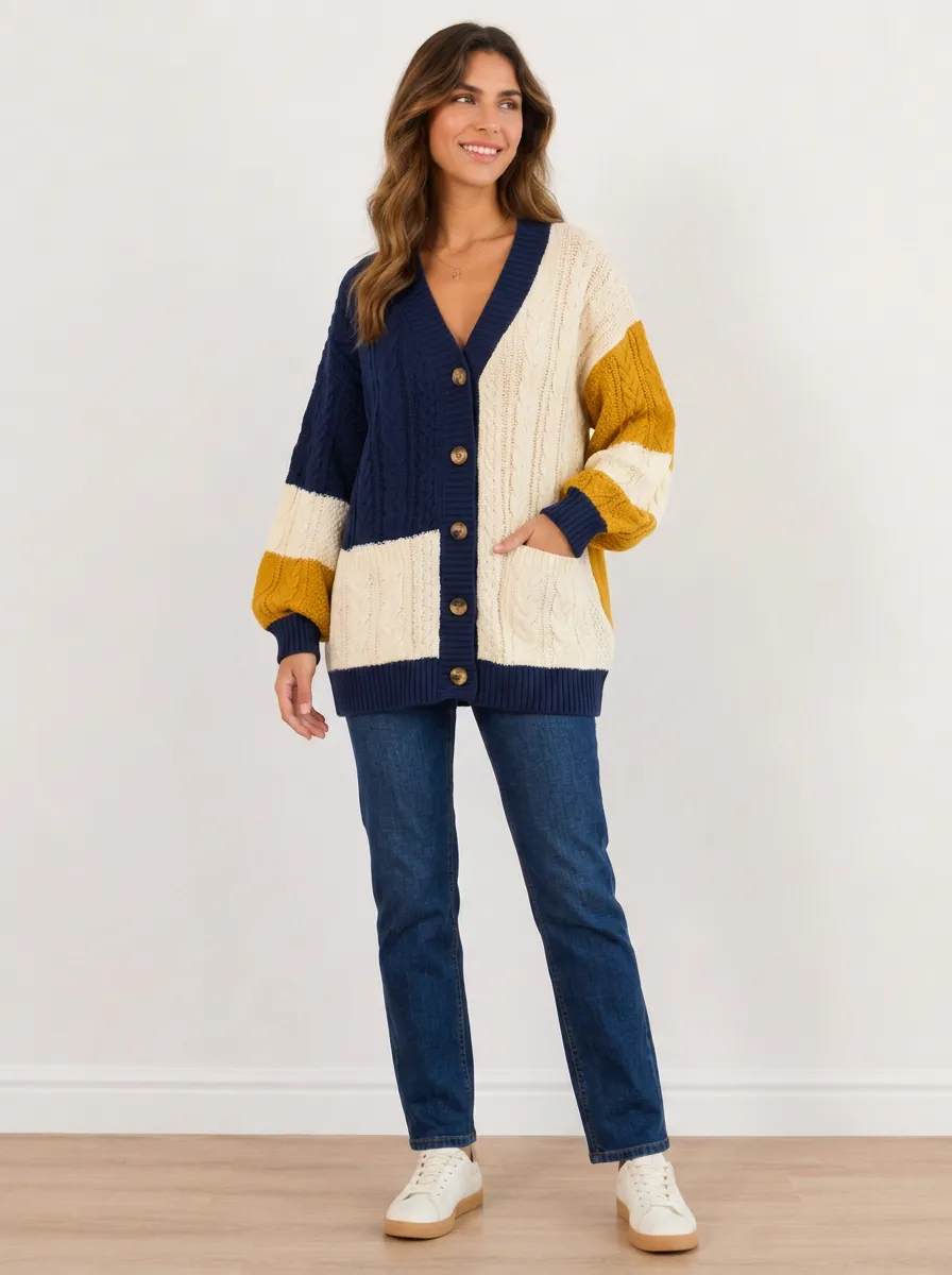Women's Multi-Color Colorblock Cable Knit Cardigan Oversized