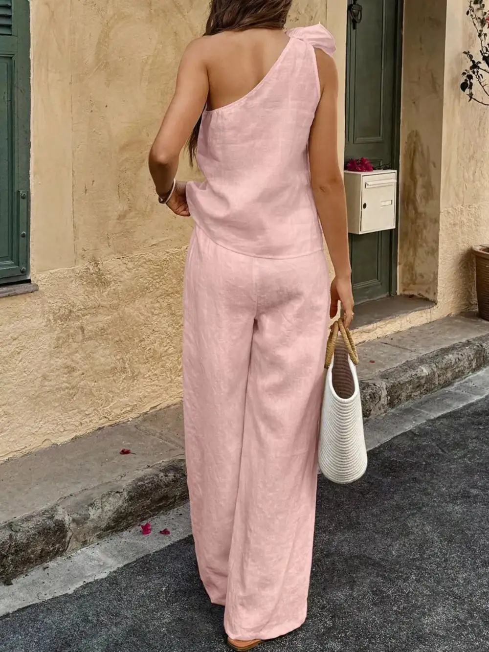 One Shoulder Floral Embellished Top and Pants Set