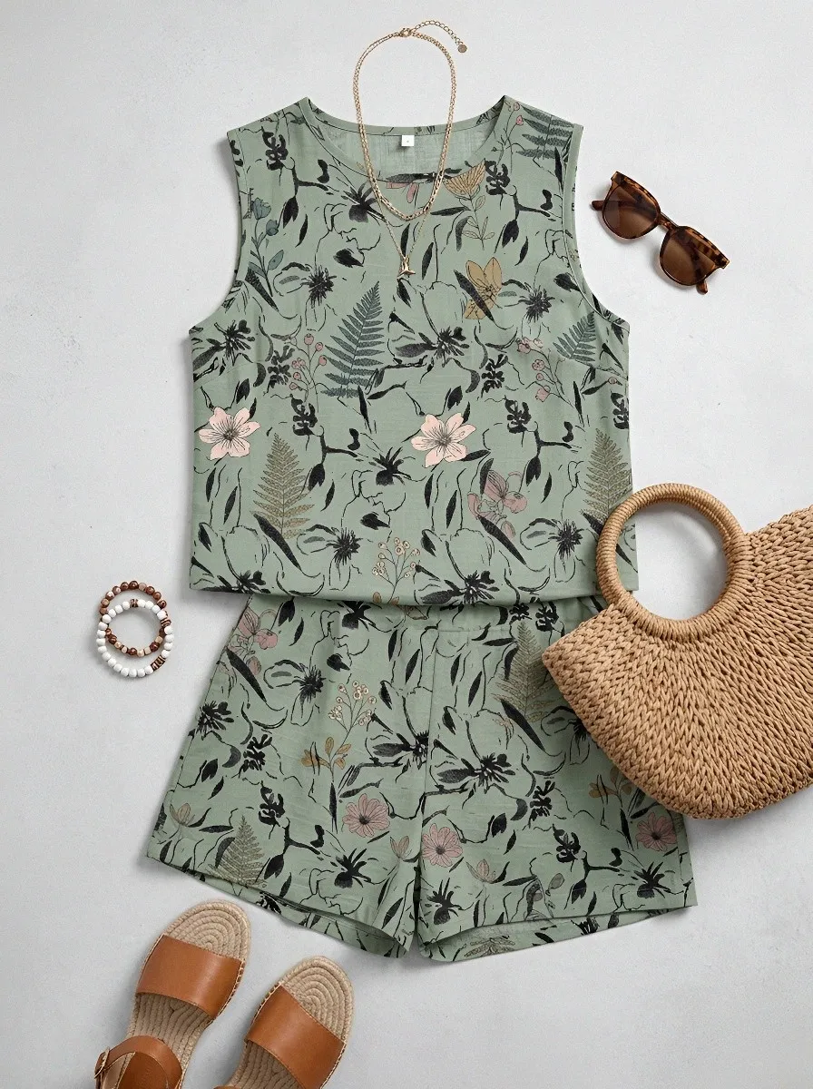 Women's Botanical Floral Fern Printed Sleeveless Short Set