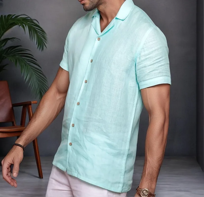 Light Blue Linen Camp Collar Shirt