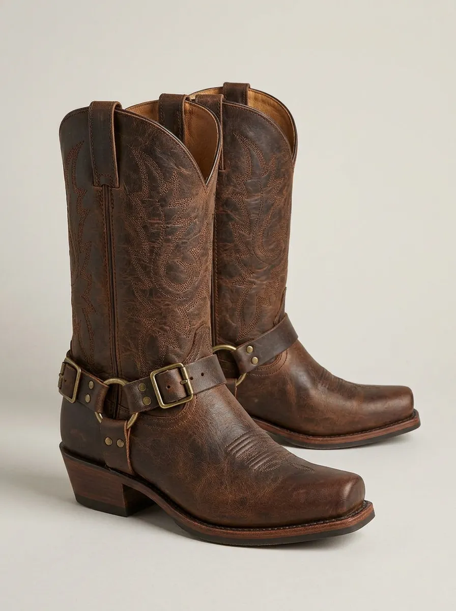 Men's Western Cowboy Distressed Leather Buckle Strap Printed Cowboy Boots