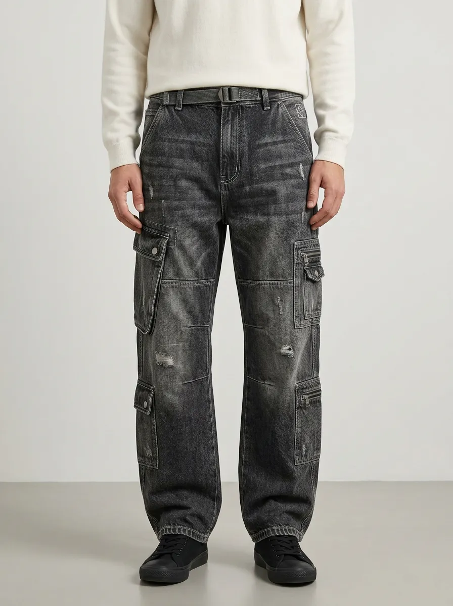 Men's Streetwear Distressed Washed Black Multi-Pocket Cargo Jeans