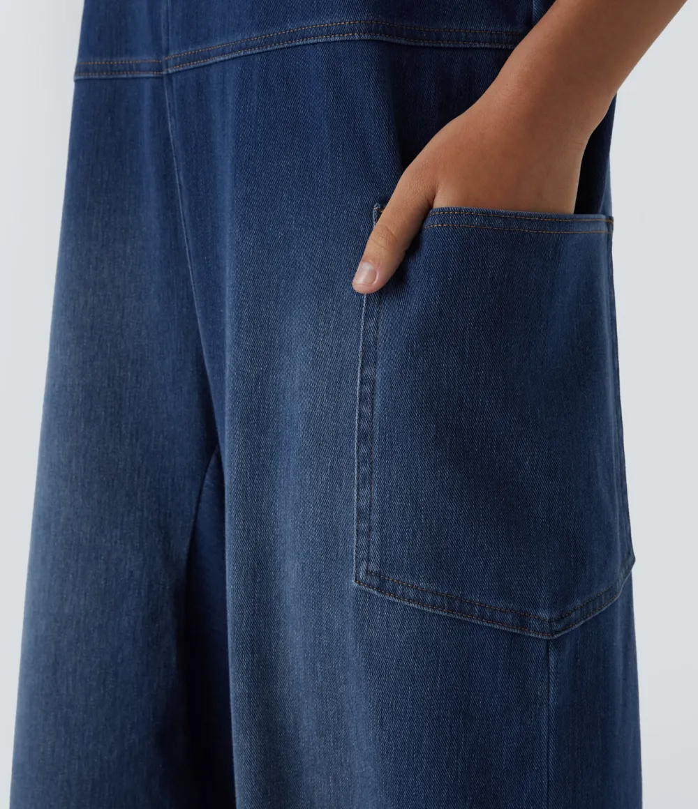 Magic V Neck Side Pocket Washed Stretchy Knit Denim Casual Overalls