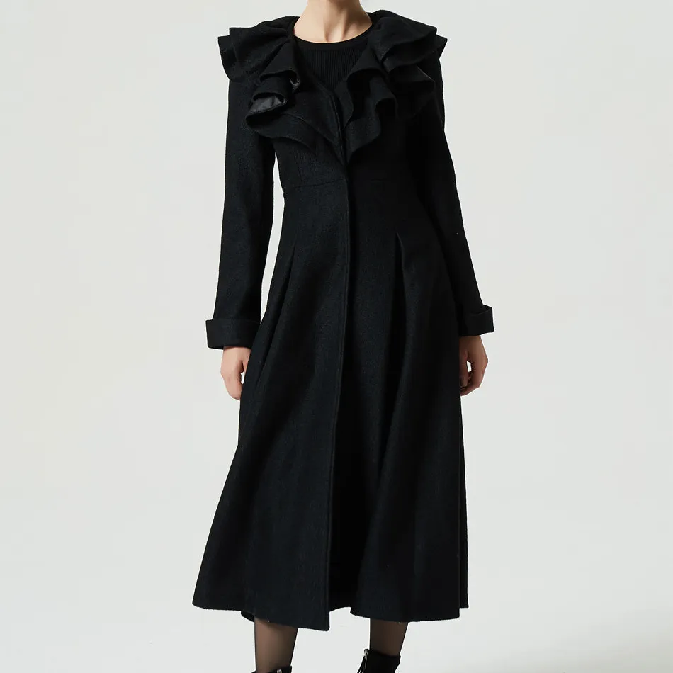 Wool Blend Fit and Flare Ruffle Trim Pleated Long Coat