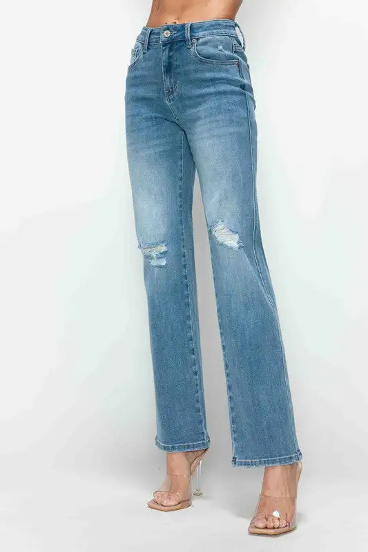 High-Rise Distressed Washed Pocketed Straight Leg Jeans