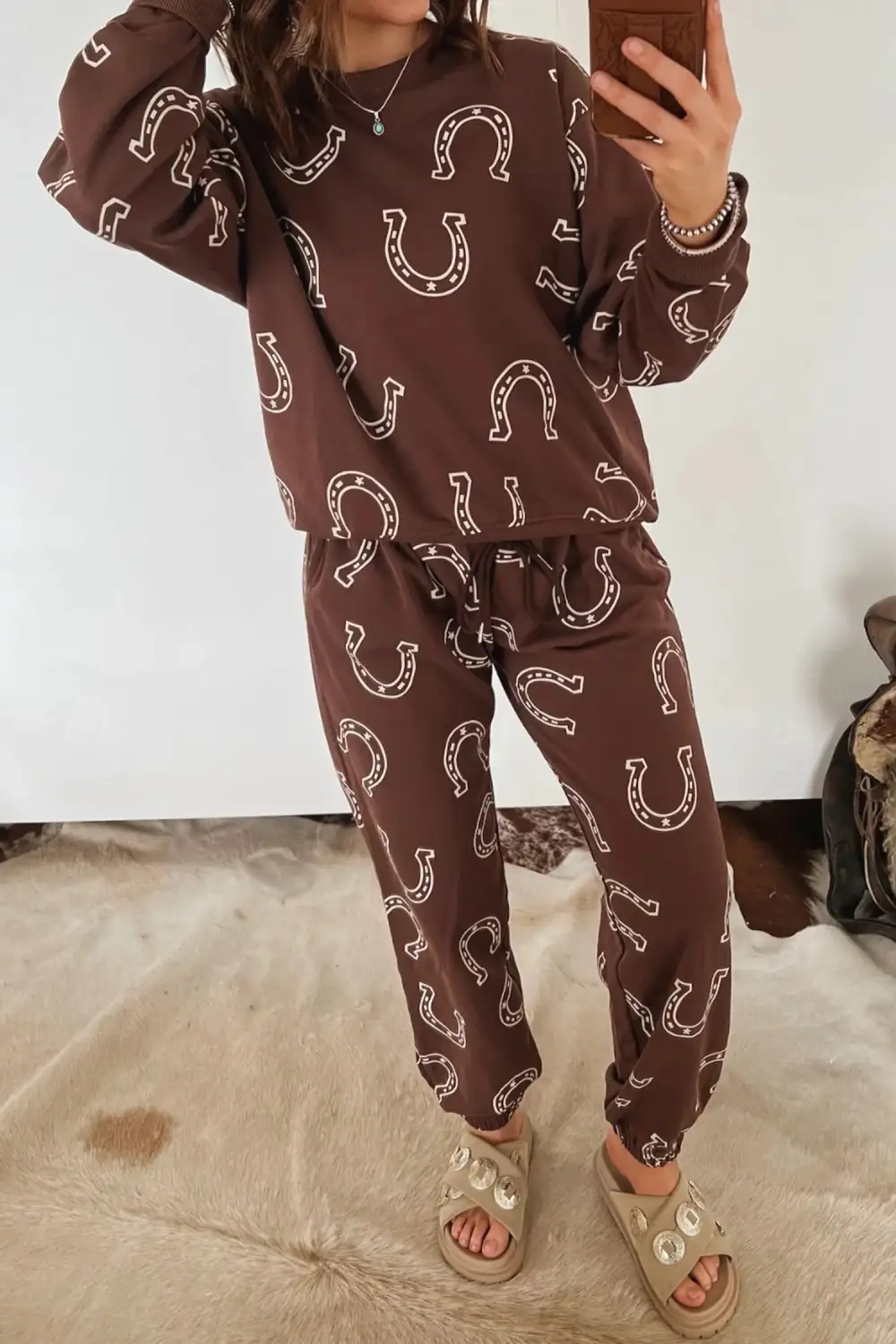 Women's Western Print Elastic Waist Pocket Two Piece Pant Set