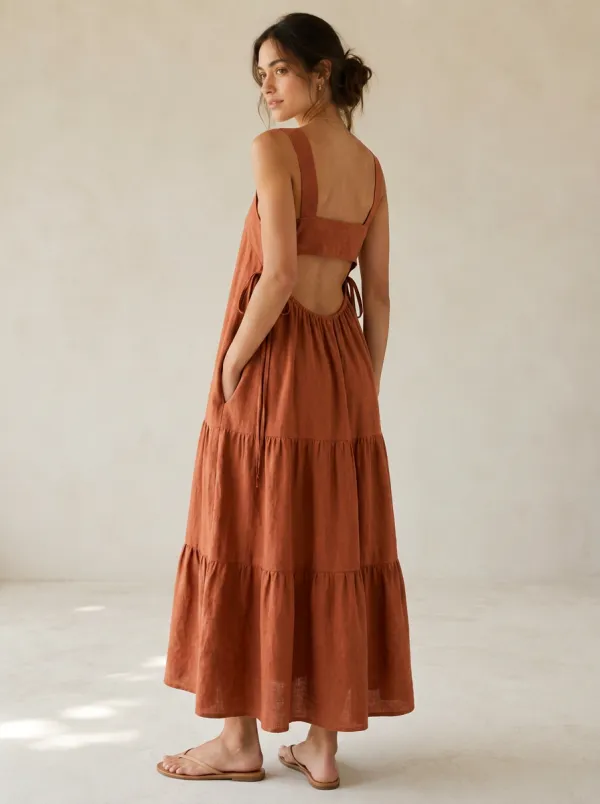 Women's Casual Tiered Linen Backless Dress