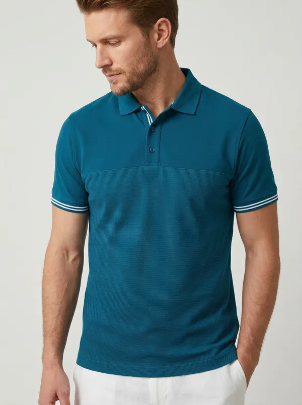 Men's Navy Blue Striped Texture Contrast Trim Polo Shirt