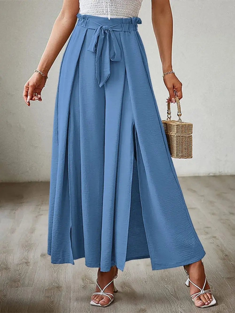 Wide Leg Tie Waist Slit Detail Casual Pants