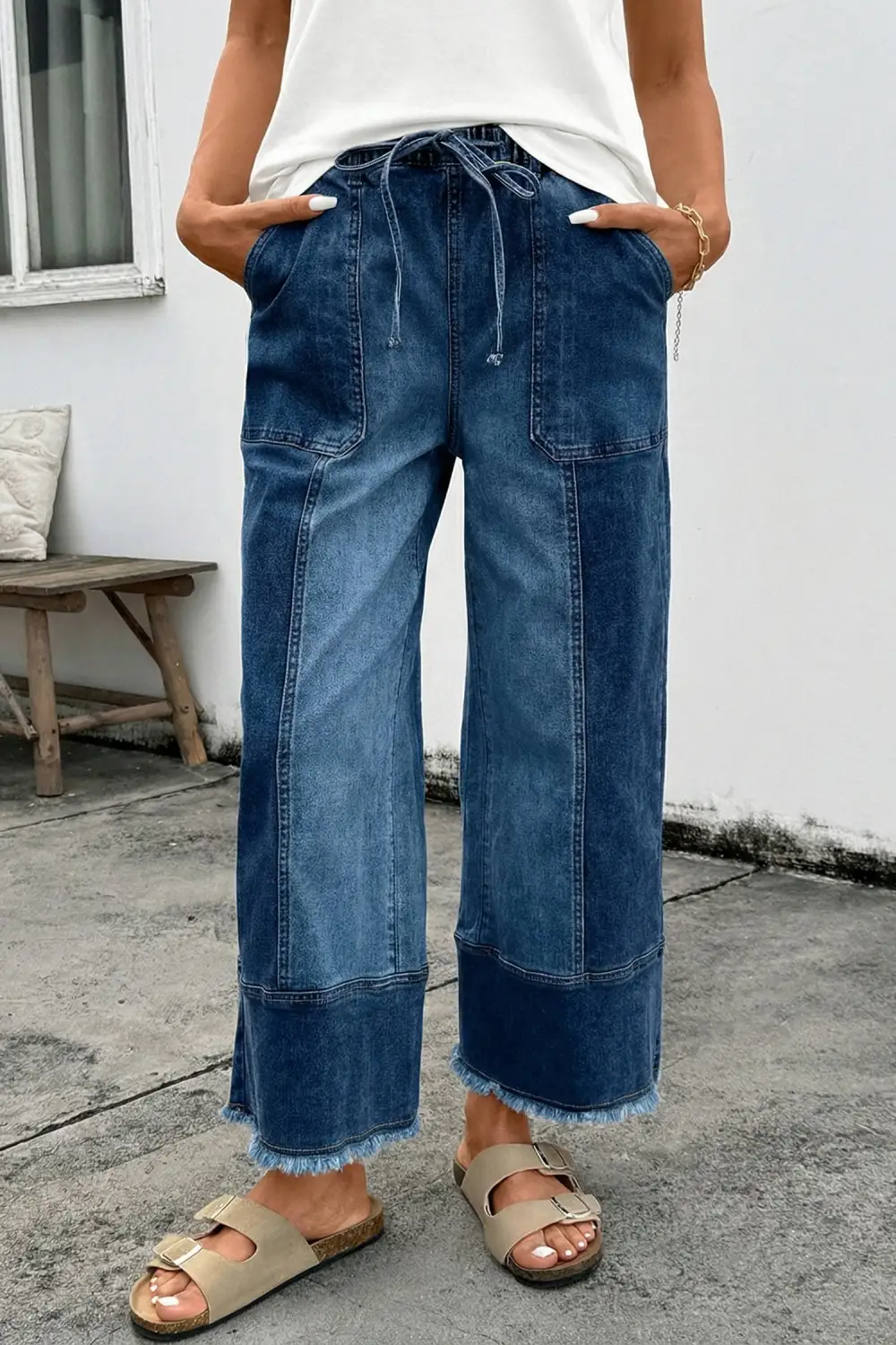 Women's Drawstring Raw Hem Wide Leg Denim Pants
