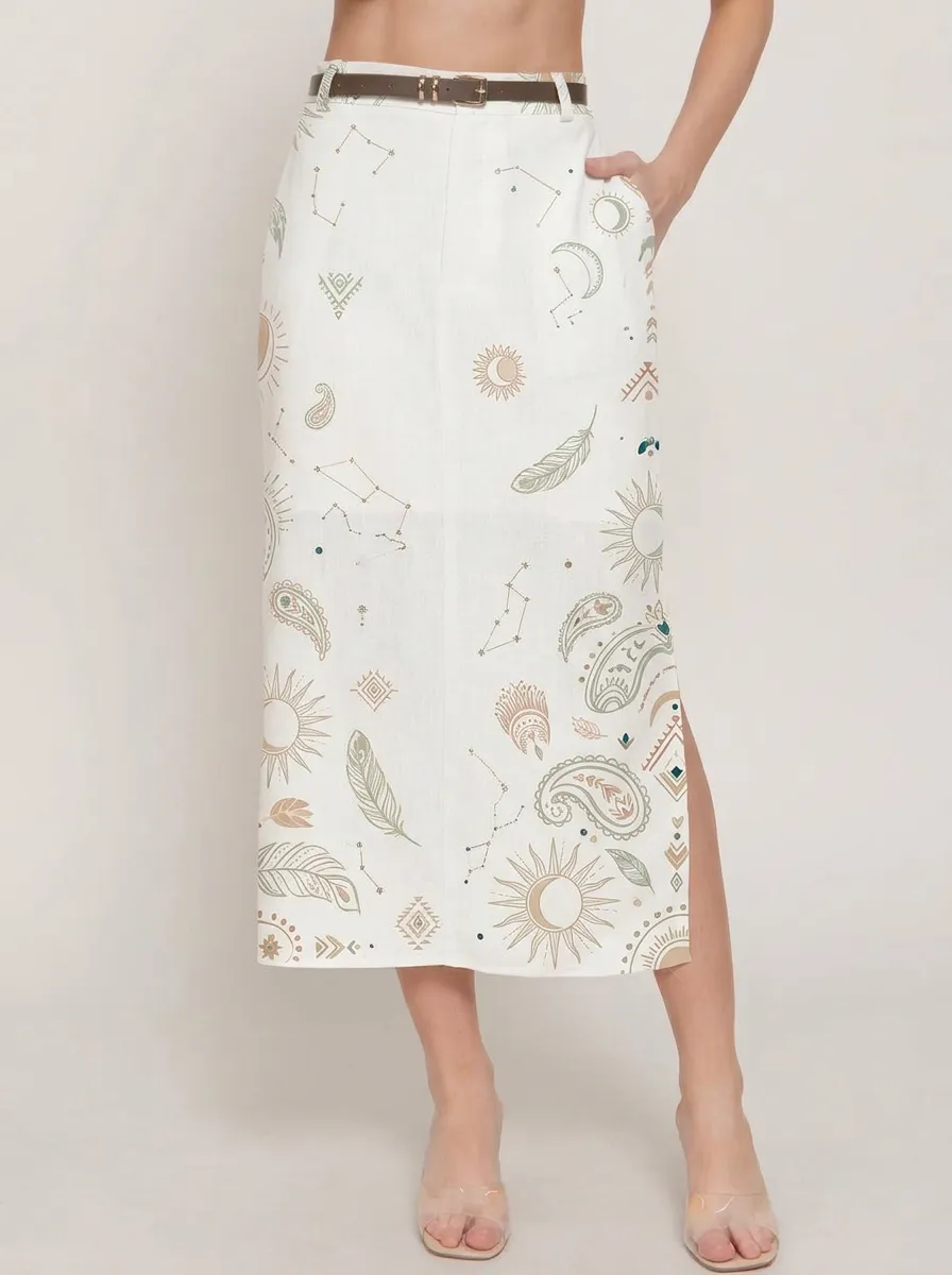 Women's Boho Celestial Sun Moon Feather Printed Midi Skirt