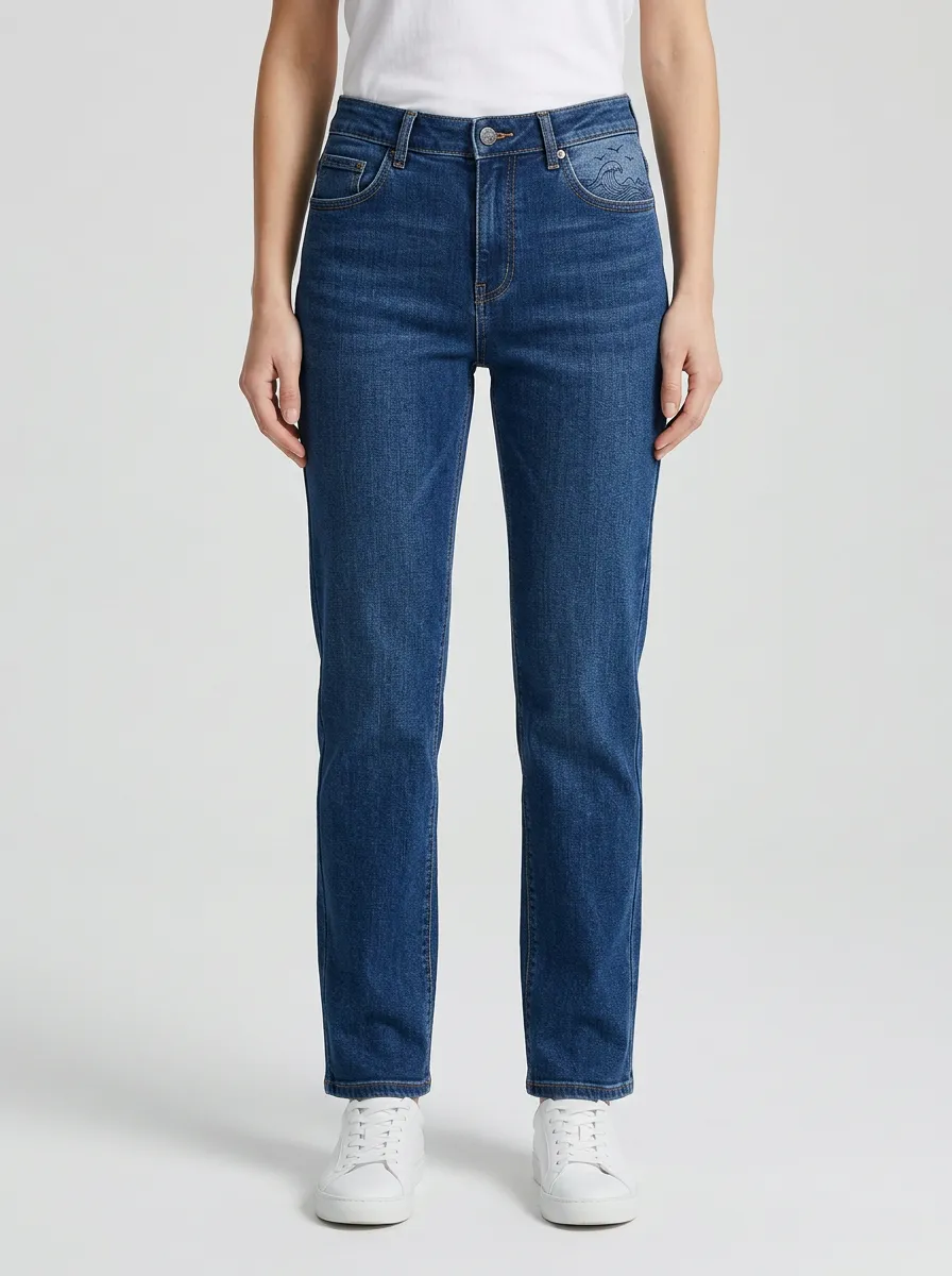 Women's Wave Embroidered Coin-Pocket Mid-Rise Straight-Leg Jeans
