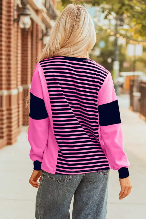 Women's Top With Striped And Colorblock And V Neck