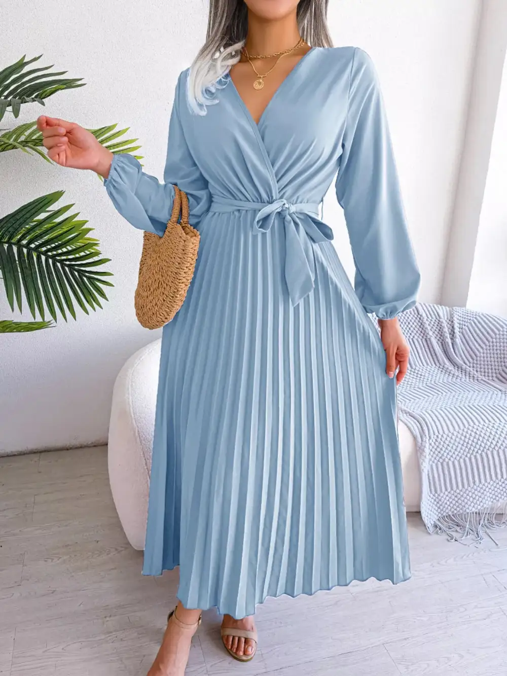 Pleated Long Sleeve Dress Casual