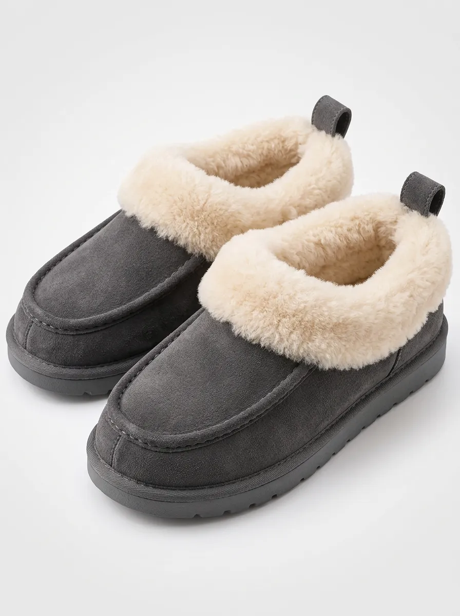 Grey Slippers with faux fur lined detailing with Plush Trim