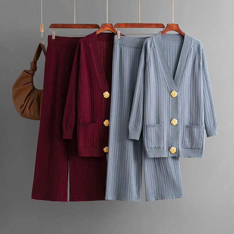 Loose Sweater Cardigan Wide Leg Pants Set
