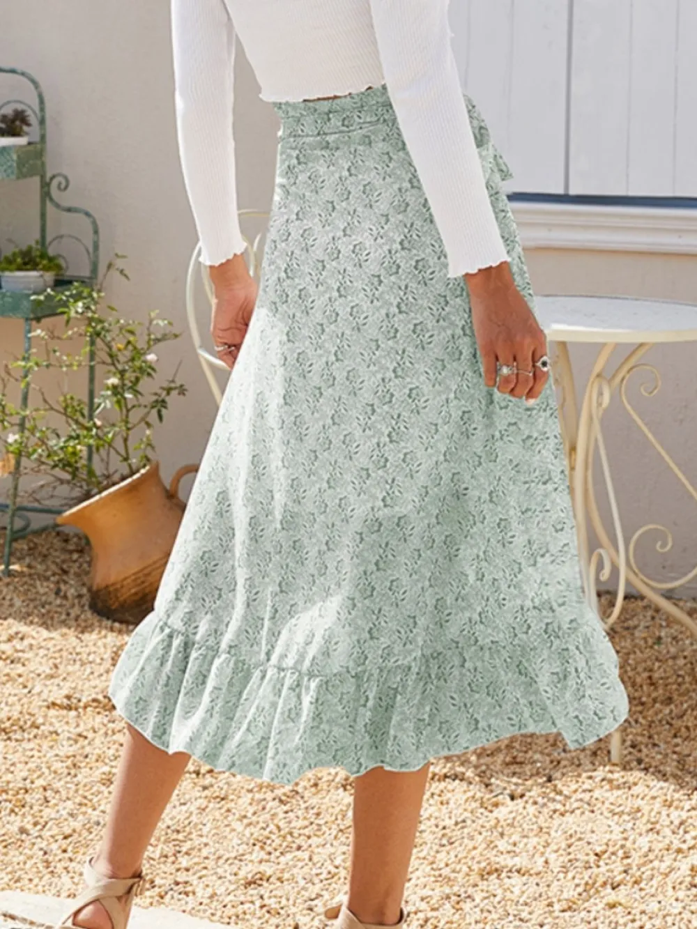Ruffle Printed Midi Skirt
